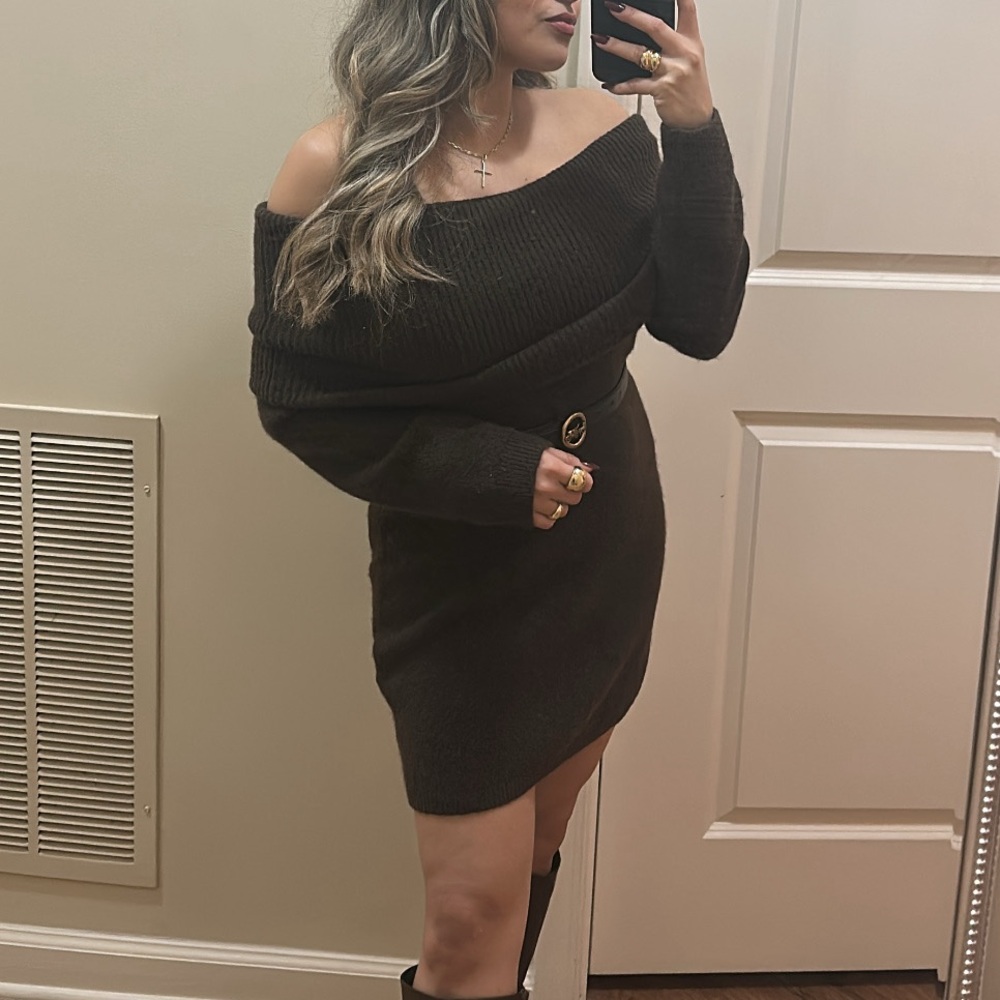 H&M Off-Shoulder Dark Brown Knit Sweater Dress
